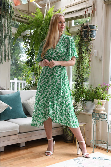 Green Ditsy Daisy Wrap Effect Frill Dress Mela London